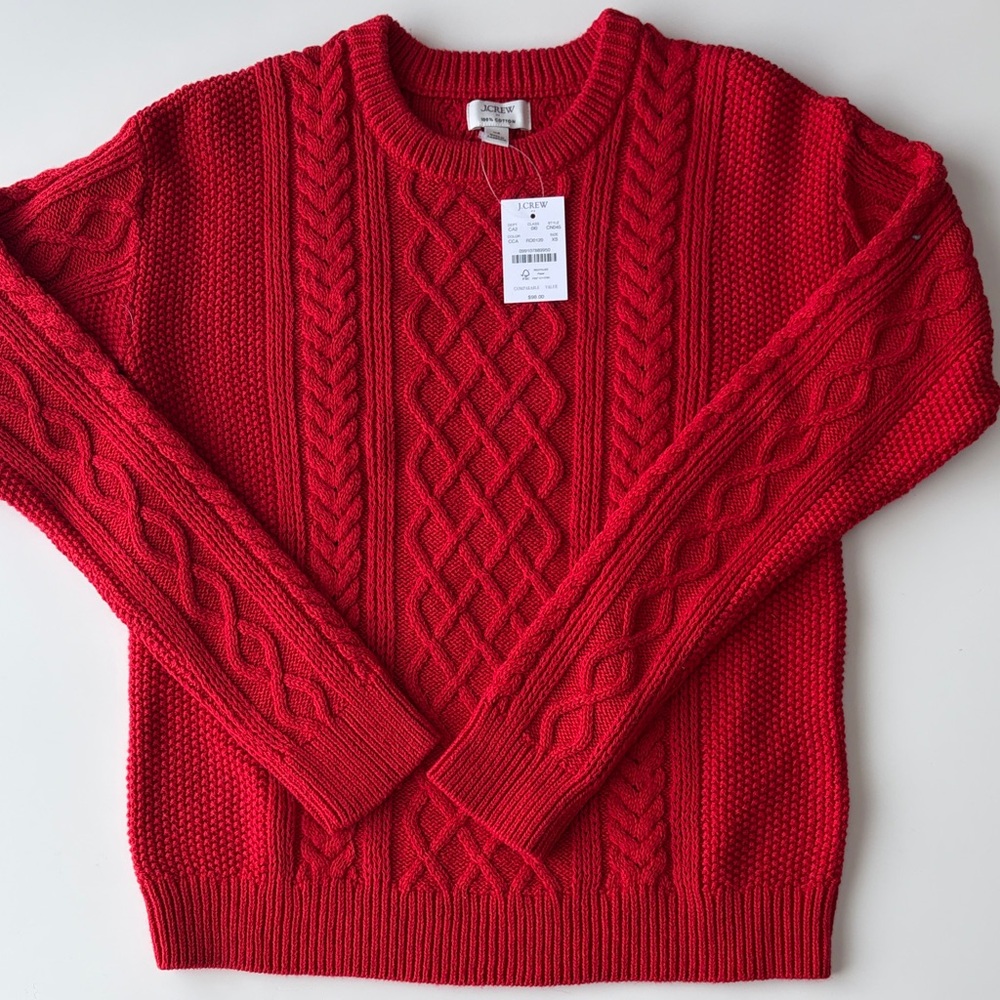 J. Crew Bright Red Cable Knit Crewneck Sweater